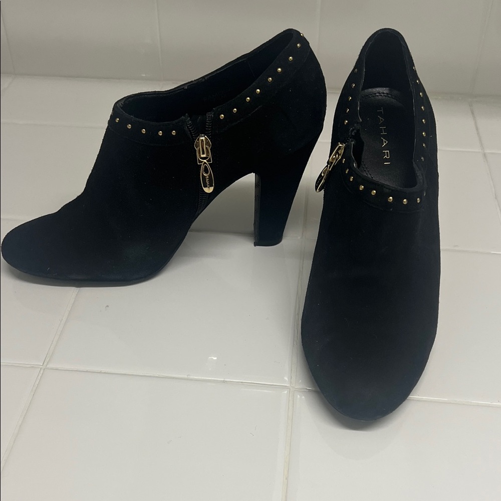 Tahari Black Heeled Boots with Gold Studs